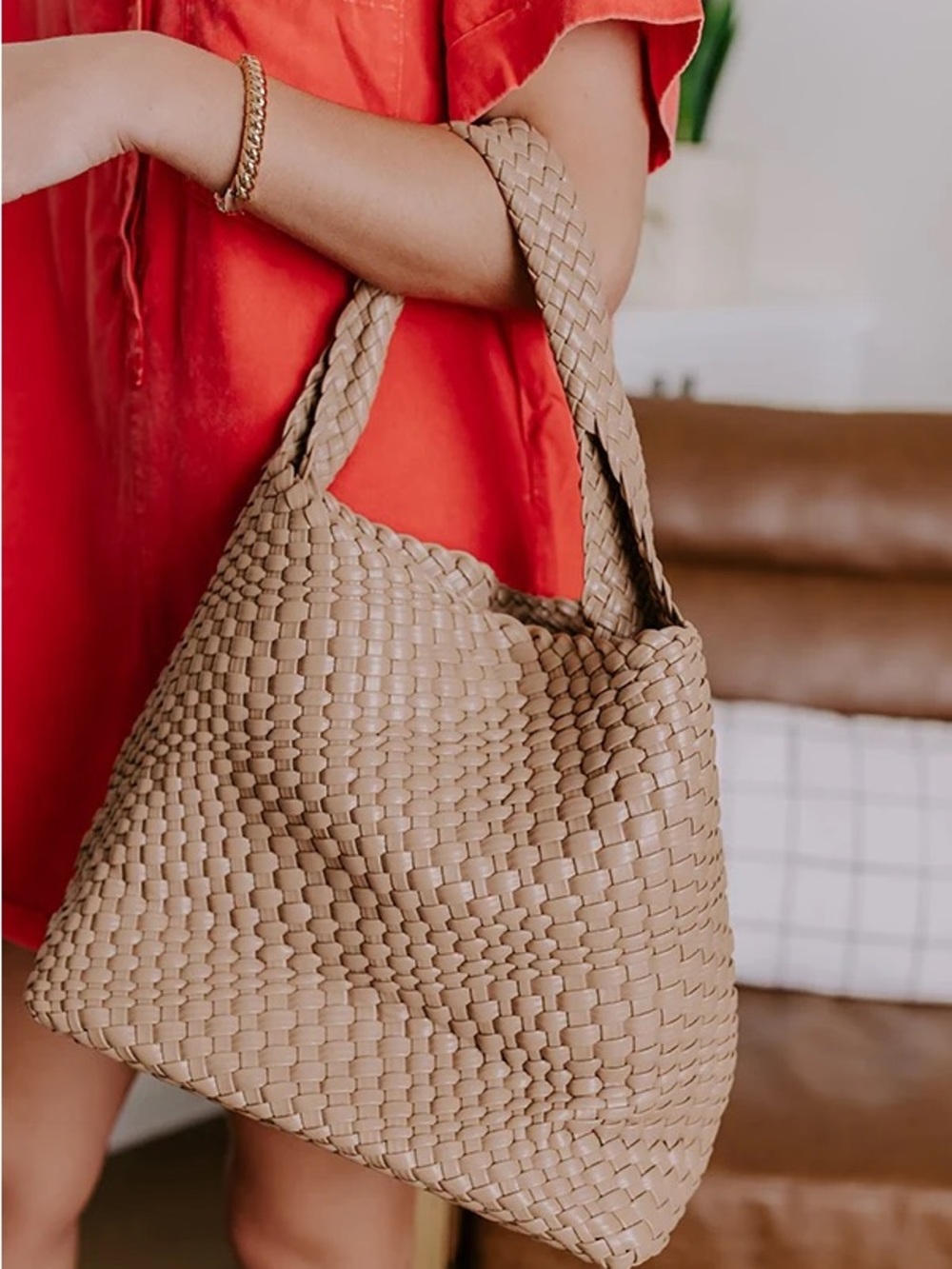 Vegan Leather Woven Tote Bag Neutral Nude Hobo Shoulder NWOT